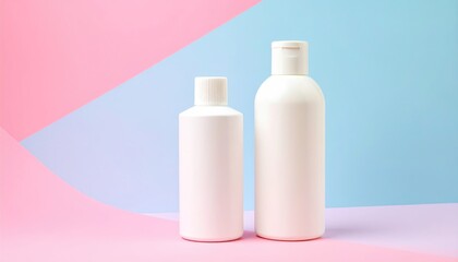 Two plain white bottles stand against a pastel pink and blue backdrop. One is short and stout, the other tall and slender. Clean aesthetic