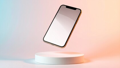 Floating gold phone with blank screen is displayed above a white pedestal against a background gradient of pink and blue hues