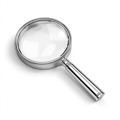 A chrome magnifying glass, lying flat on a plain white background.  The glass lens is clear and the metal frame is polished.  The handle is cylindrical