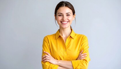 A smiling young woman with dark hair pulled back, wearing a yellow shirt with arms crossed, against a plain grey background, exudes confidence and warmth