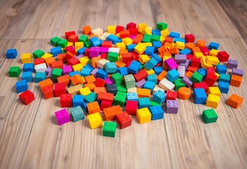 Colorful blocks scattered on a wooden floor, fostering imaginative building,  kindergarten,  manipulative