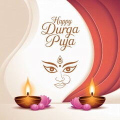 Modern Durga Puja Greeting with Goddess Face, Lotuses and Oil Lamps Happy Durga Puja