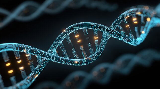 Futuristic DNA helix design made with digital elements symbolizes the intersection of biology and technology in modern genetic research.