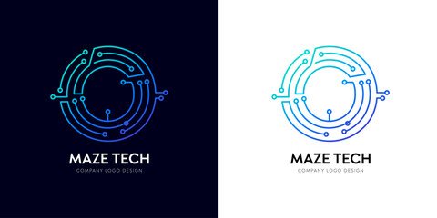 O letter network logo design for tech innovation company. Futuristic typographic connection logo, AI technology corporate brand maze circuit vector. Techno circle gradient electric cyber text line.