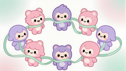 Cute characters playfully wrapped in colorful ribbons for joyous fun