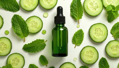 Overhead shot green bottle with dropper surrounded by cucumber slices and mint leaves on a white background, featuring small green drops