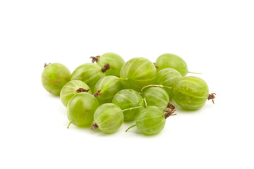 Fresh green gooseberries arranged on a white background, showcasing their vibrant color and smooth texture, ideal for culinary use and healthy eating concepts