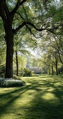Fototapeta premium Sun-drenched park path beneath leafy canopy