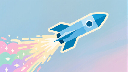 Naklejka premium Rocket soaring through pastel skies in a burst of vibrant colors