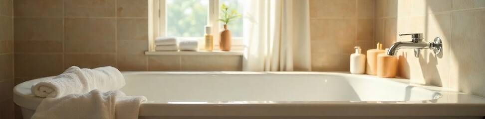 Relaxing bathroom scene with soft lighting, fluffy towels, and luxurious bath products Perfect for spa, wellness, and home decor themes Clean and bright aesthetic , fluffy, lotion, conditioner