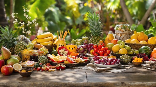 Abundance of Fresh Tropical Fruits on Rustic Wooden Table in Lush Garden Setting