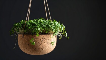 A cork pot with lush green sprouts hanging from the top against a dark gray background. Soft light illuminates the greenery