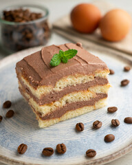 Tiramisu cake with chocolate and coffee cream. A traditional recipe made with sponge cake.