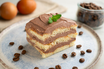 Tiramisu cake with chocolate and coffee cream. A traditional recipe made with sponge cake.