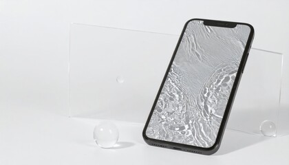 Smartphone displays rippling silver liquid, positioned against clear blocks and orbs on a clean white surface. Minimalist, pristine presentation