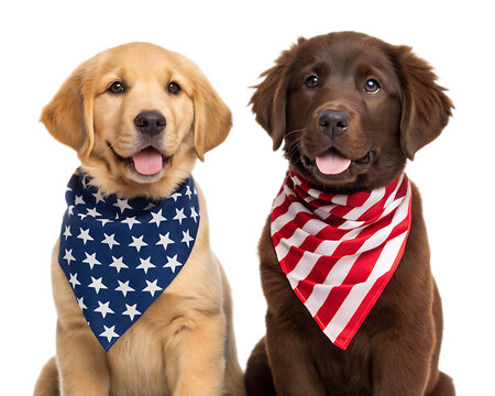 Two puppies wearing patriotic bandanas sit side by side against a white studio background looking forward