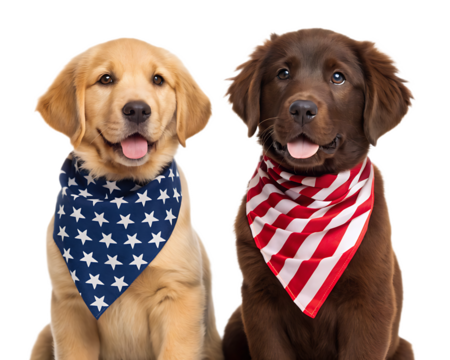 Two puppies wearing patriotic bandanas sit side by side against a white studio background looking forward