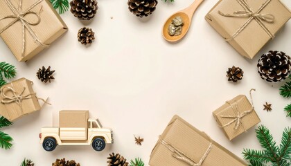 Cozy festive arrangement featuring wrapped gifts, pine cones, evergreen branches, toy truck and wooden spoon with golden nuggets, arranged on a cream backdrop