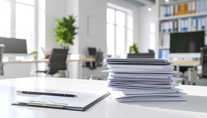 Bright, blurred office space with a stack of paper and a pen on a clean white desk in the foreground