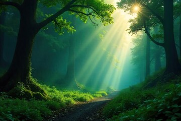 Fototapeta premium Misty rain falls on a lush, vibrant forest, creating a mystical and serene atmosphere Sunlight filters through the dense canopy, illuminating the forest floor , woods, moss, wild