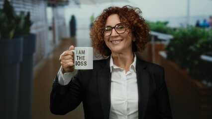Woman smiling holding coffee cup outdoor city street while dressed in business attire showing confidence and empowerment with text mug