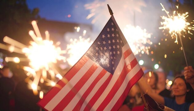 Patriotic night scene featuring sparklers and an American flag, evoking celebration - Powered by Adobe