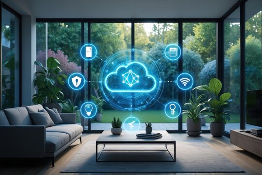 Smart Home Interior with Cloud Computing and IoT Icons | Modern Technology and Connected Living Concept