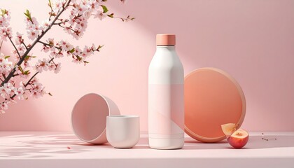 Still life with a white bottle, cup, and peach, adorned with delicate pink cherry blossoms against a soft pink backdrop, casting gentle shadows