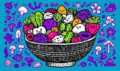 Cartoon bowl of colorful vegetables and mushrooms