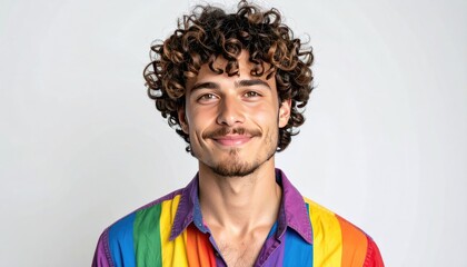 A young man with curly brown hair smiles wearing a rainbow-striped shirt. Shot in bright studio lighting against a neutral, white background