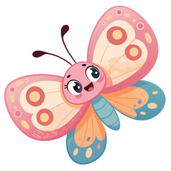Colorful cartoon butterfly with pink and blue wings and big eyes
