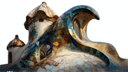 Colorful Mosaic Roof Architecture with Curved Shapes and Ornate Towers on a Transparent Background