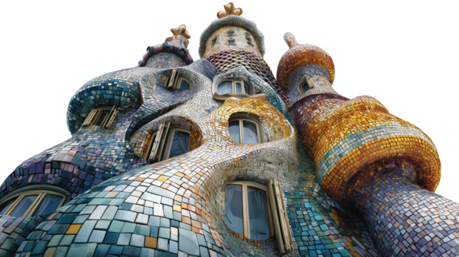 Colorful Mosaic Structure With Whimsical Design Against A White Sky on a Transparent Background - Powered by Adobe