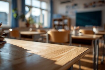 the problem of school burnout and the emptiness of knowledge acquisition. The clean, empty desk in a blurry classroom represents an environment where students feel disconnected and overwhelmed