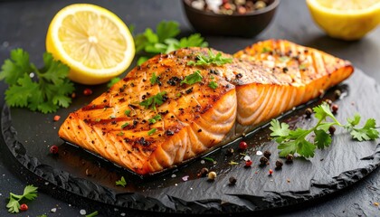 Close-up of grilled salmon fillet on a black stone plate with lemon, parsley, and pepper. Warm light highlights the texture of the fish