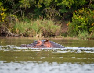 Fototapeta premium Hippopotamus in river, surrounded by vegetation