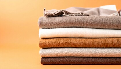 Stack of neatly folded earthy-toned sweaters/jumpers against a plain orange background, casting a soft light