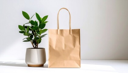 Mockup of a paper bag next to a small leafy plant in a pot, on a white surface with a simple white background and gentle sunlight