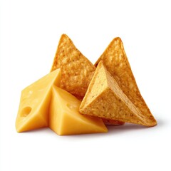 Golden tortilla chips and sharp cheese wedges against a white background