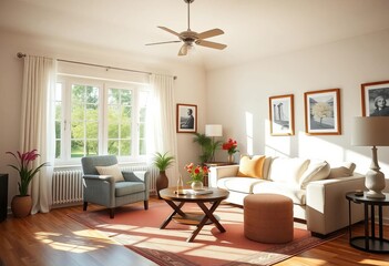Sunlit living room, two armchairs & sofa, bright decor, sunlit, decor