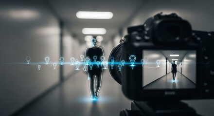 Illustration of a person walks down a hallway with digital location pins surrounding them