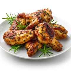 Roasted chicken wings, golden brown, seasoned, garnished with fresh rosemary