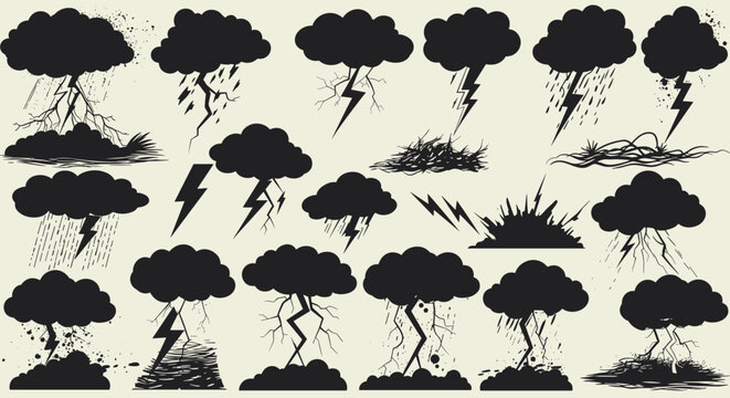 Stormy weather: dramatic thunderclouds with lightning and rain icon set