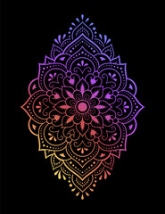 Color circular pattern in form of mandala with flower for decoration or print. Decorative ornament in ethnic oriental style. Rainbow design on black background.
