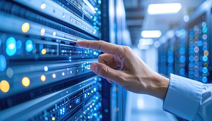 A close-up showcases a hand interacting with a server rack, bathed in cool blue light. The hardware features numerous lights, indicative of data processing