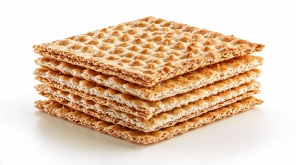 A stack of six whole wheat crackers, with a textured and bubbly surface, sits on a clean white background