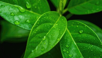 Close-up of vibrant green leaves adorned with glistening water droplets against a dark, blurred background, highlighting nature's fresh beauty