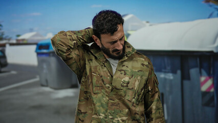 Hispanic man in military uniform stands by rubbish container outdoors rubbing neck in discomfort,...