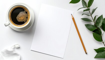 Top-down view of a white surface with coffee, blank paper, a pencil, and a leafy branch, conveying calmness and creativity