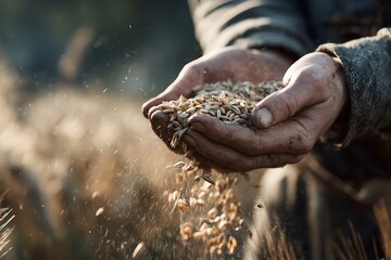 A farmer's hands hold golden wheat grains, symbolizing harvest, fertile land, grain prices, and the challenges of food security and agricultural sustainability.